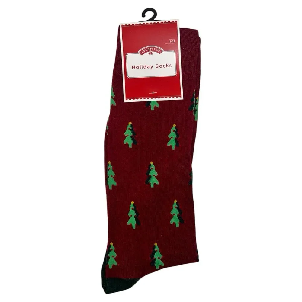 Holiday Time Green Christmas Tress Socks Size 6-12 Men’s Crew
